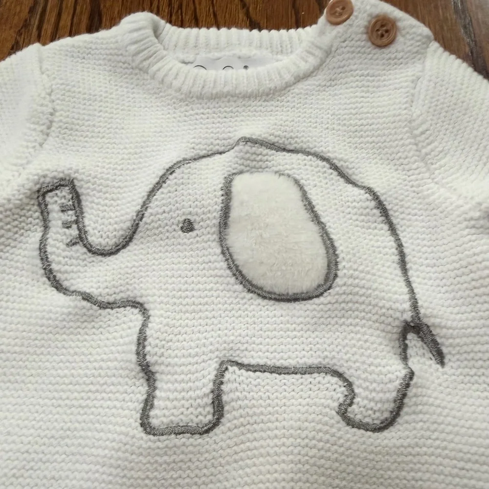 Rene Rofe Baby 0-3 Month White Gray Elephant 2 Pc Sweater and Striped Pants Set